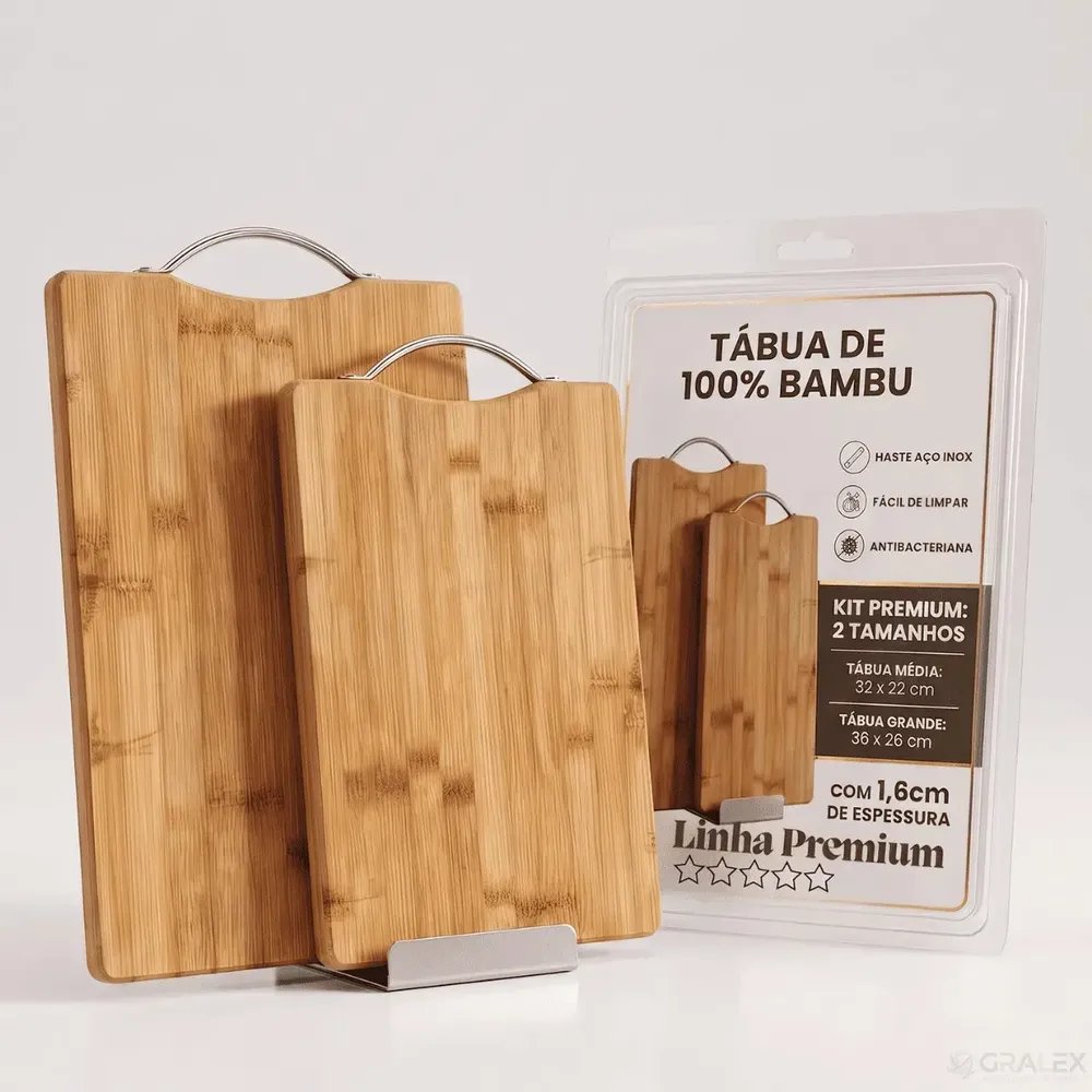 Tabua Corte Bambu Alça Inox 32x22cm E 36x26cm Antibacteriana Resistente Carnes Legumes Frutas Gourmet Kit 2 Tabuas M e G