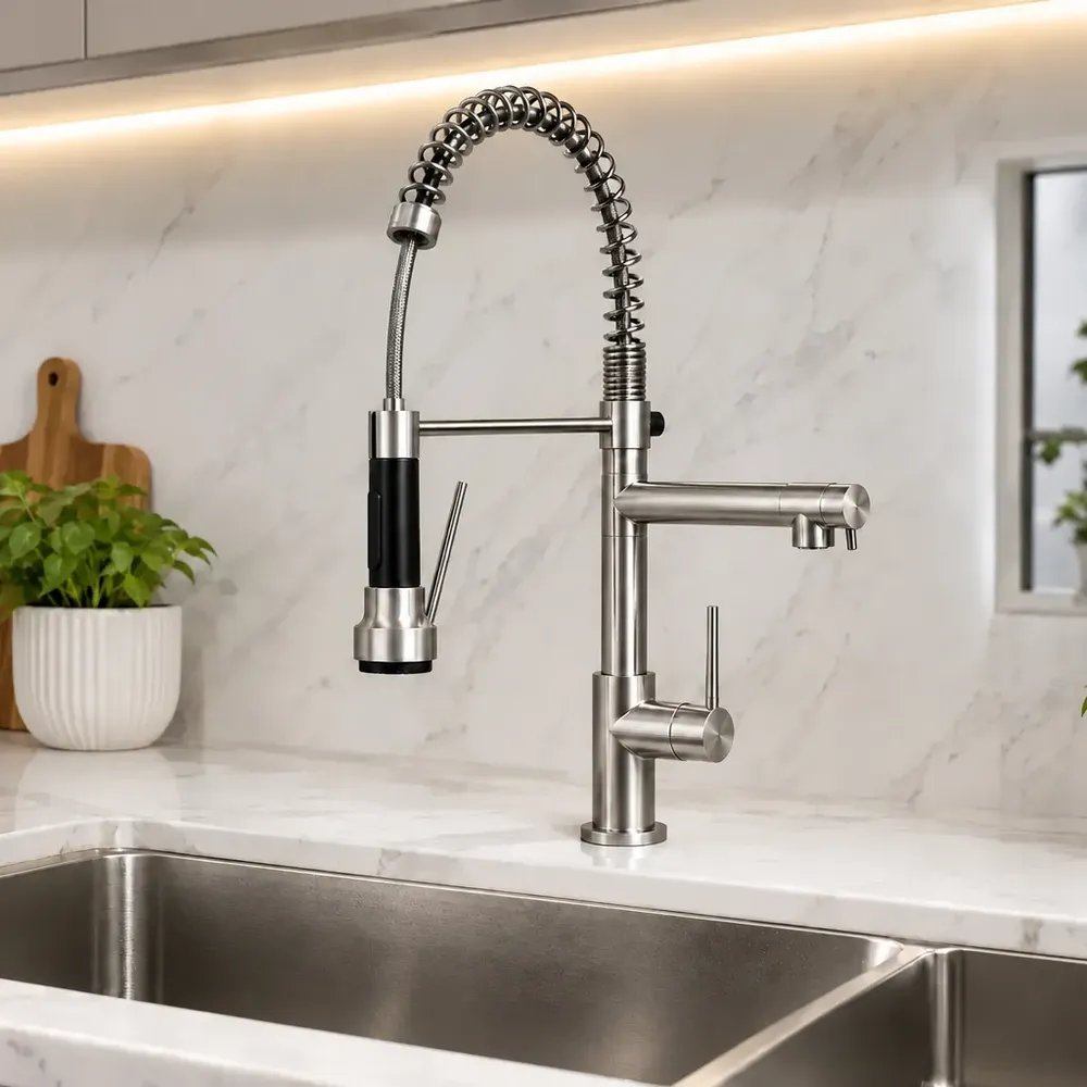 Torneira Gourmet Cozinha Monocomando Inox 304 Ducha Flexível Prateado Escovado
