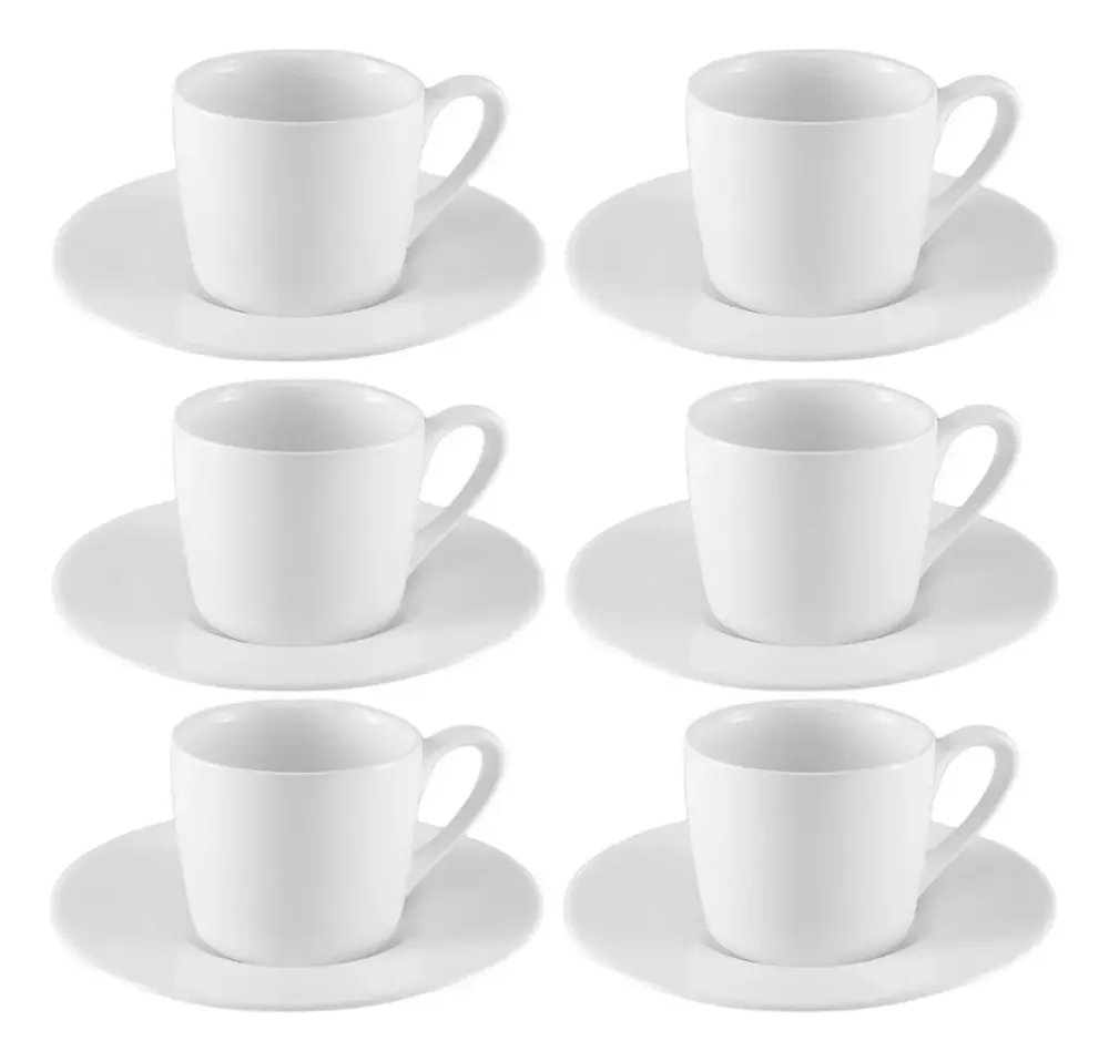 Jogo Xícaras Café Com Pires Porcelana Branca 12 Peças