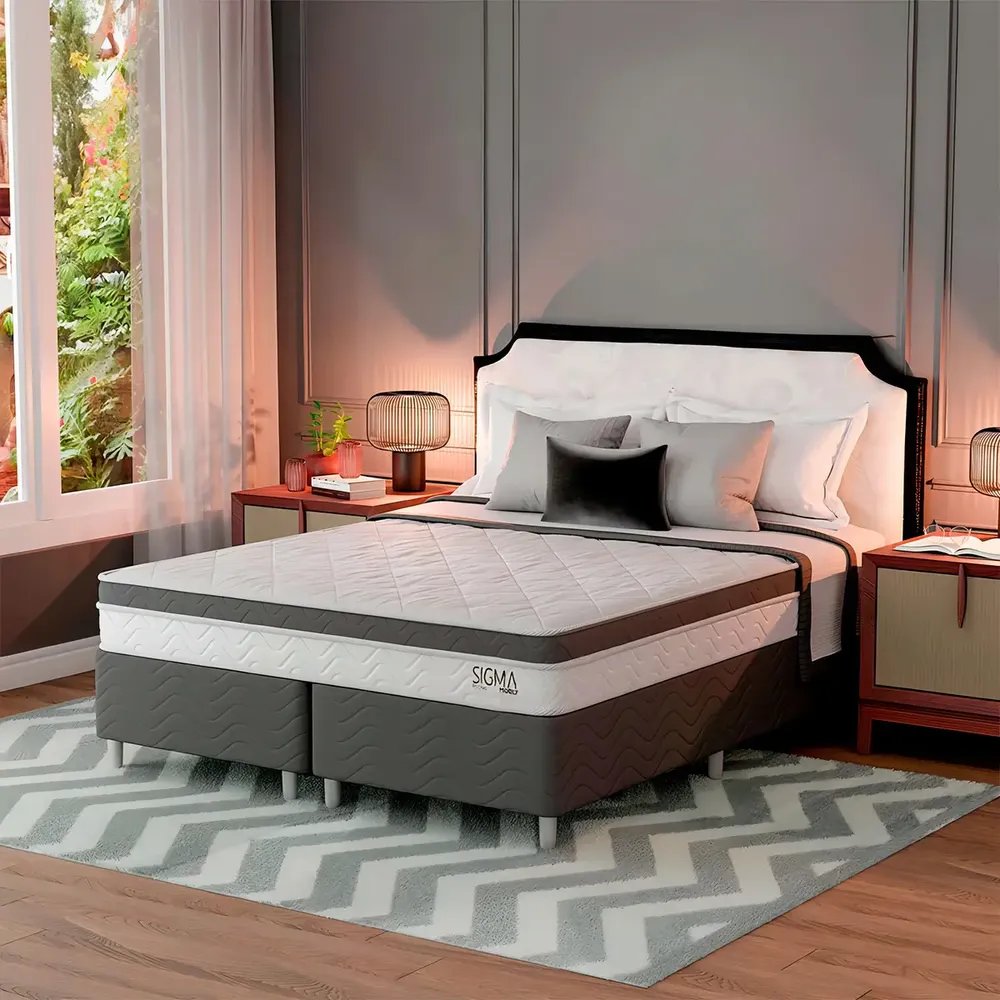 Cama Box Queen Modern Sigma Branco com Colchão Molas Ensacadas Euro Pillow