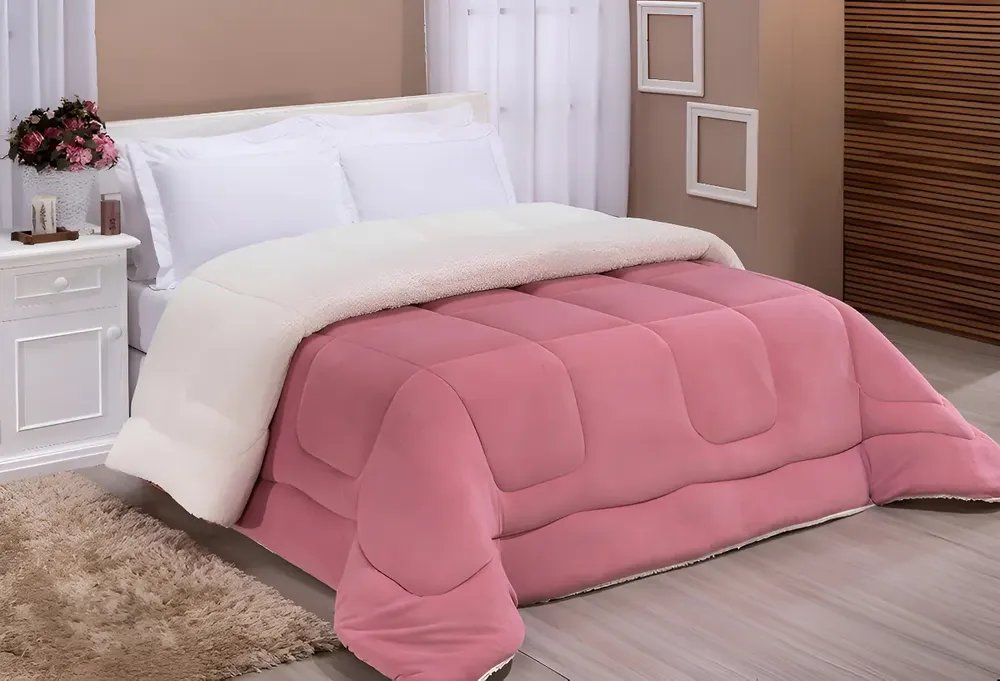 Edredom Coberdrom Casal Queen Sherpa Lã Carneiro Grosso Cor Rose