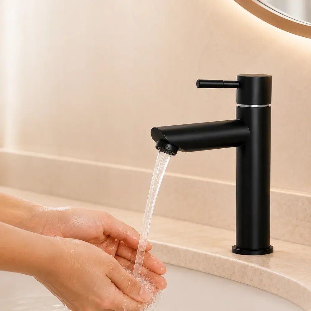 Heemli Torneira Lavatório Água Fria Aço Inox Banheiro Preto Fosco