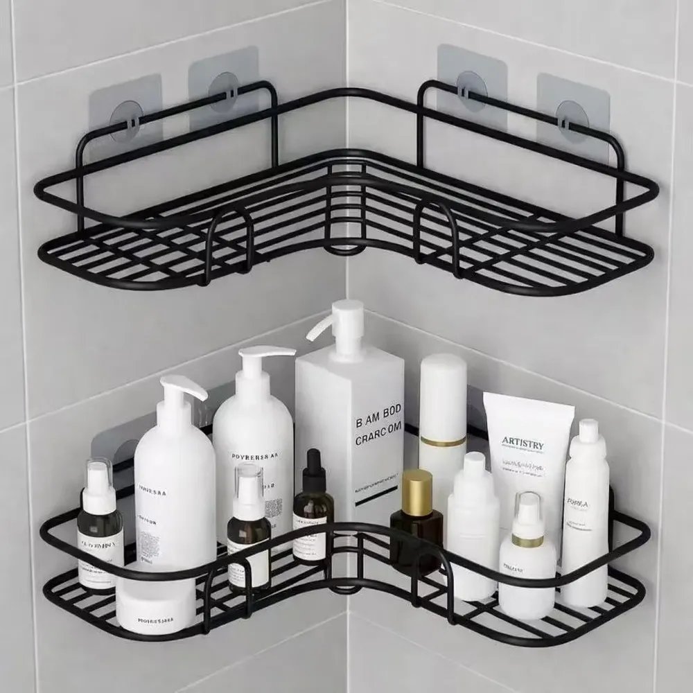Kit 2 Suporte Porta Shampoo Sabonete De Canto Banheiro Adesi Preto - Médio