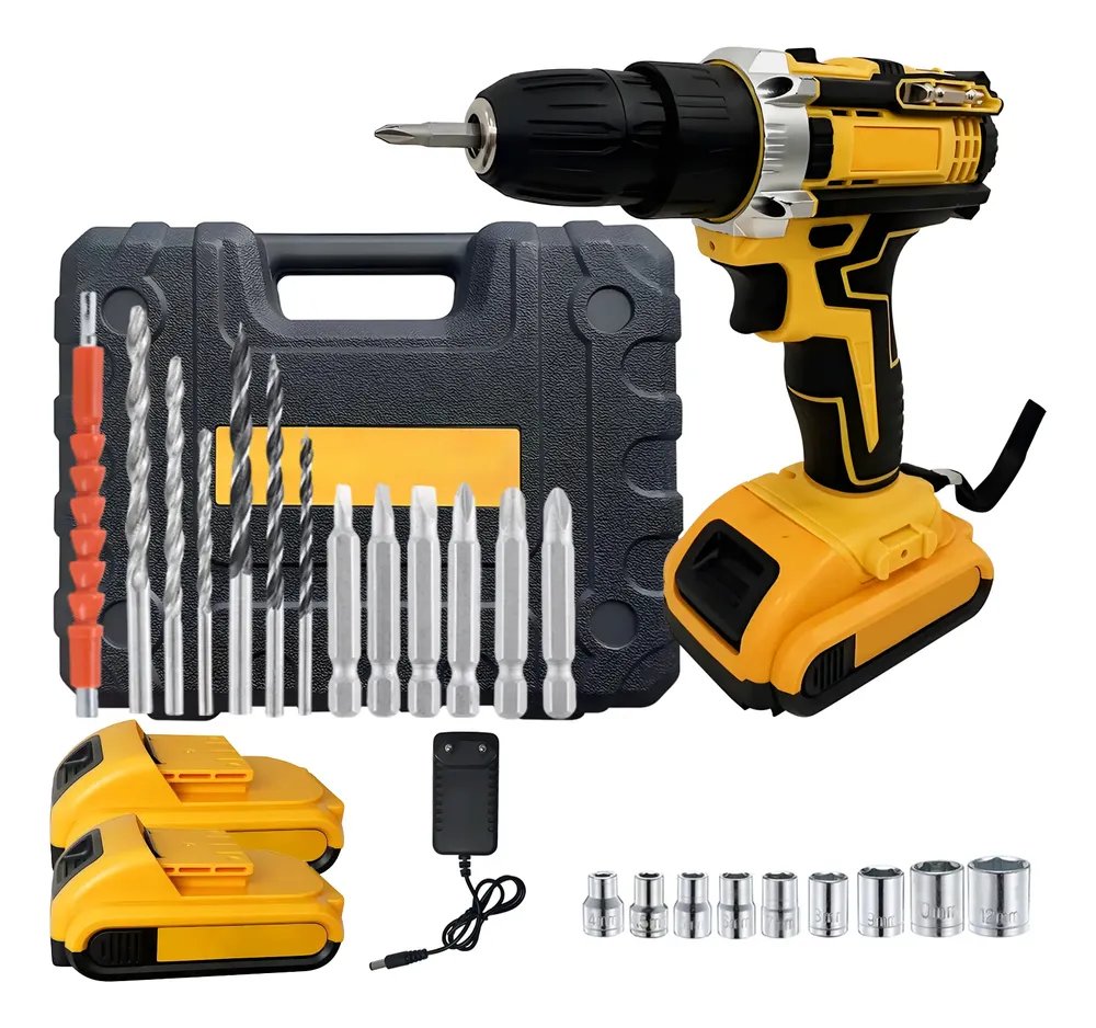 Furadeira Parafusadeira 48v 2 Baterias Lítio Sem Fio Maleta Amarelo 48v