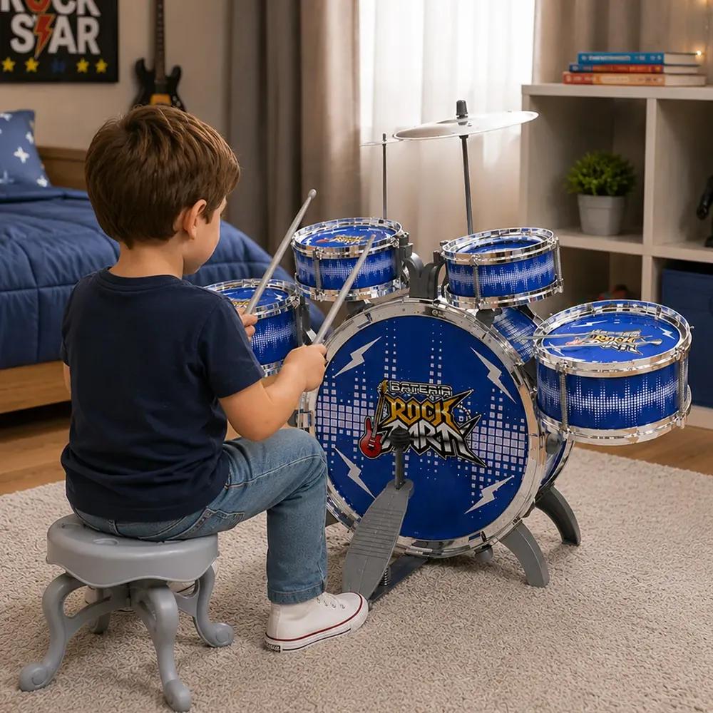 Bateria Infantil De Brinquedo Musical Mini Tambores Rock Azul
