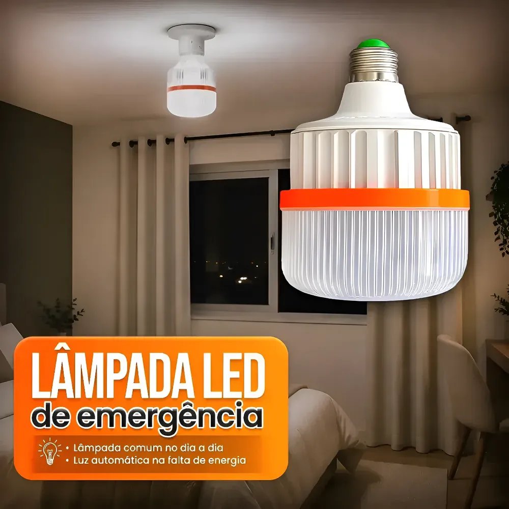 Lâmpada Led Emergência 20w Recarregável E27 Bateria Portátil Branco Bivolt