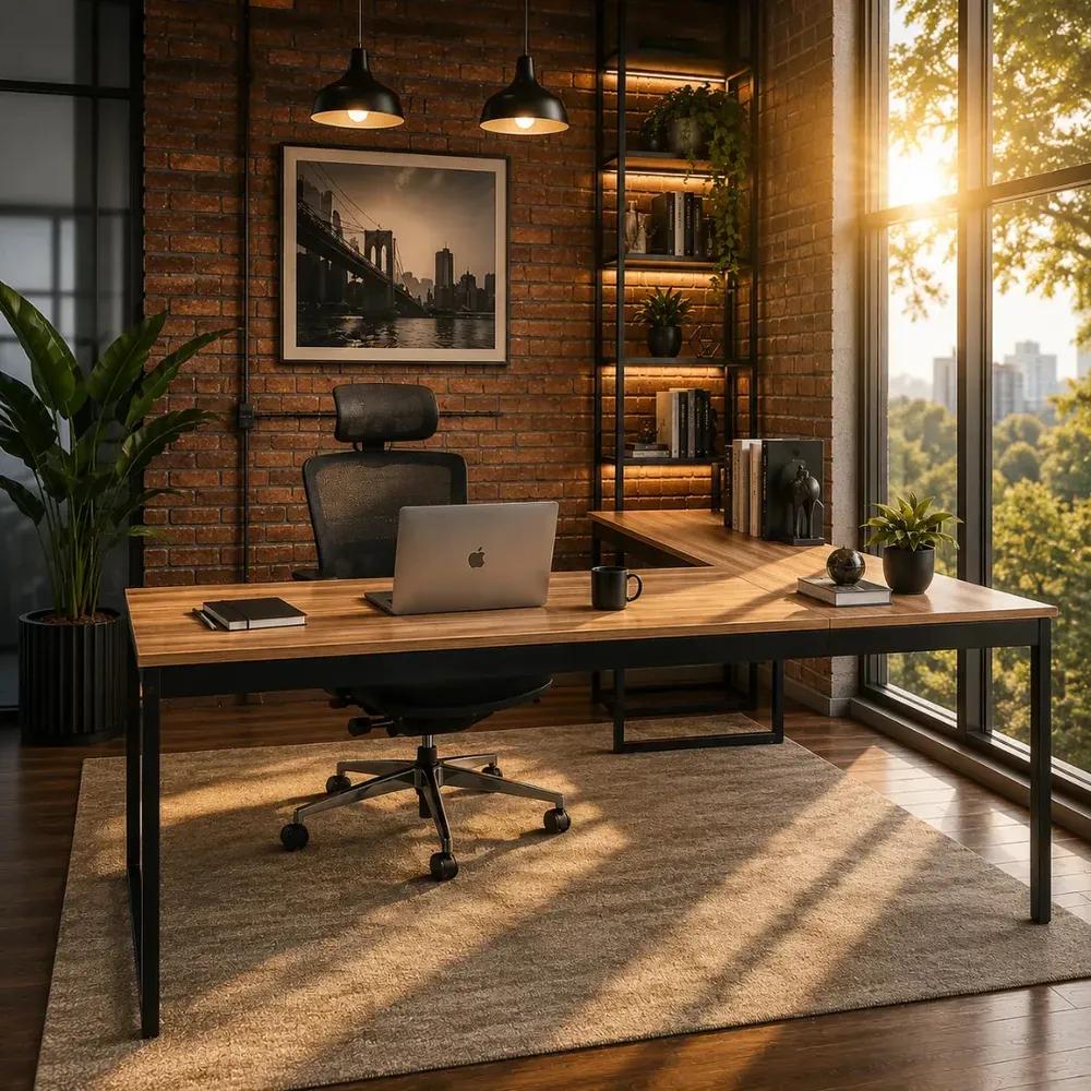 Escrivaninha Mesa Em L Industrial De Canto Nórdico Meslmagn 150x74x45 Vintage Ferro E Madeira Laminado Com Preto Sofa Sogude