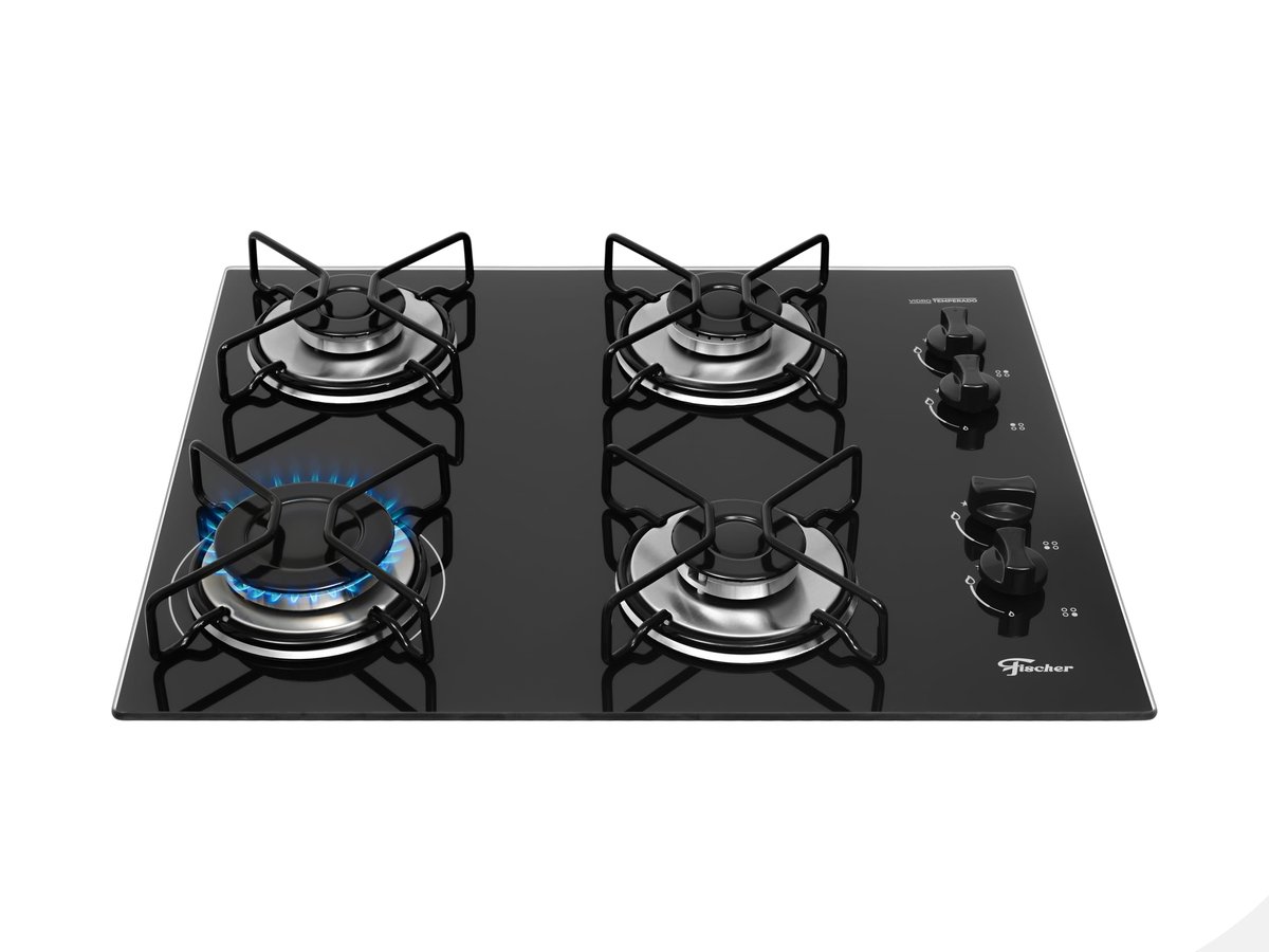 Fischer Cooktop à Gás 4 Bocas Fit Line Trempe Aramado Mesa Vidro Preto Bivolt 36350-102675