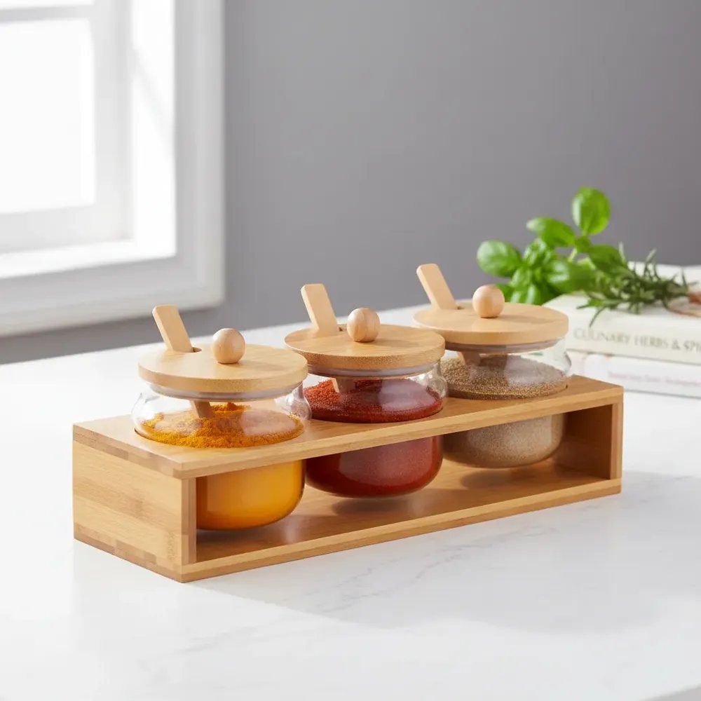 Kit 3 Potes Vidro 280ml Tampa Bambu Colher Rack Organizador