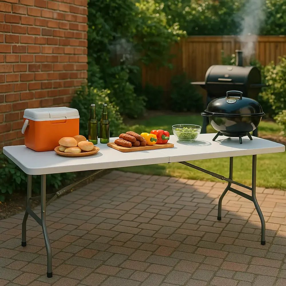Mesa Dobrável Portátil Vira Maleta Com Alça Para Camping Praia Churrasco Branca 1,80m