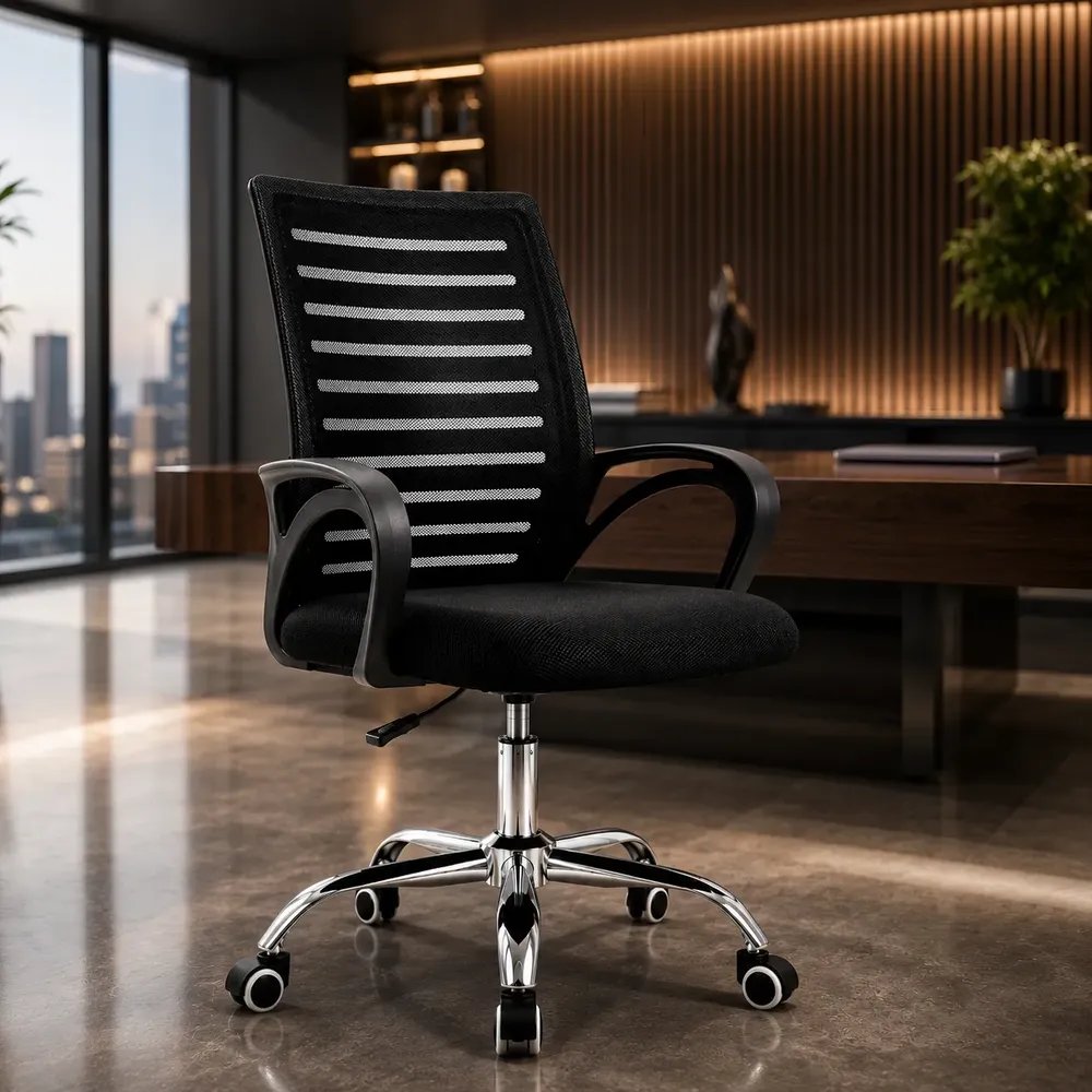 Cadeira Zebrada Escritório Giratória Ergonômica  Cor Preto Nylon Malha Pu