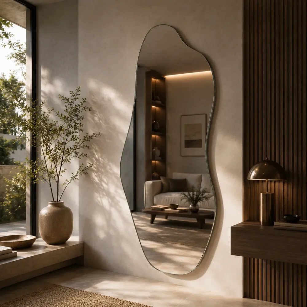 Espelho Mirano Orgânico Madrid 100x40cm Lapidado Design Luxo Suporte