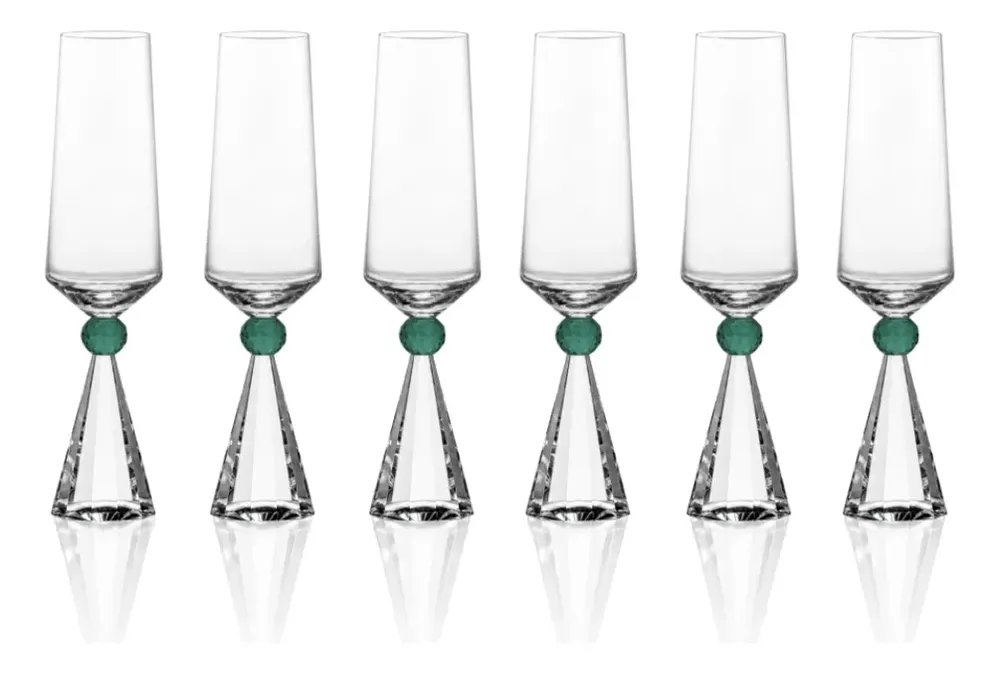 Kit 6 Taças Base Cristal Lapidada E Detalhe Verde 320 Ml Transparente E Verde