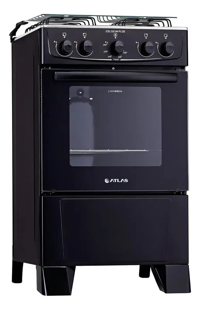 Fogão 4 Bocas Atlas Coliseum Plus Preto A Gás com Mesa de Inox e Forno de 50 Litros Acendimento Manual