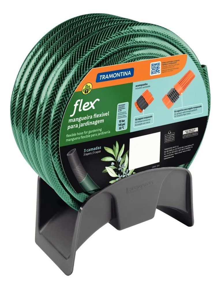 Mangueira Flex Para Jardim Tramontina Verde em PVC 3 Camadas 20 m com Engate Rosqueado, Esguicho e Suporte Mural