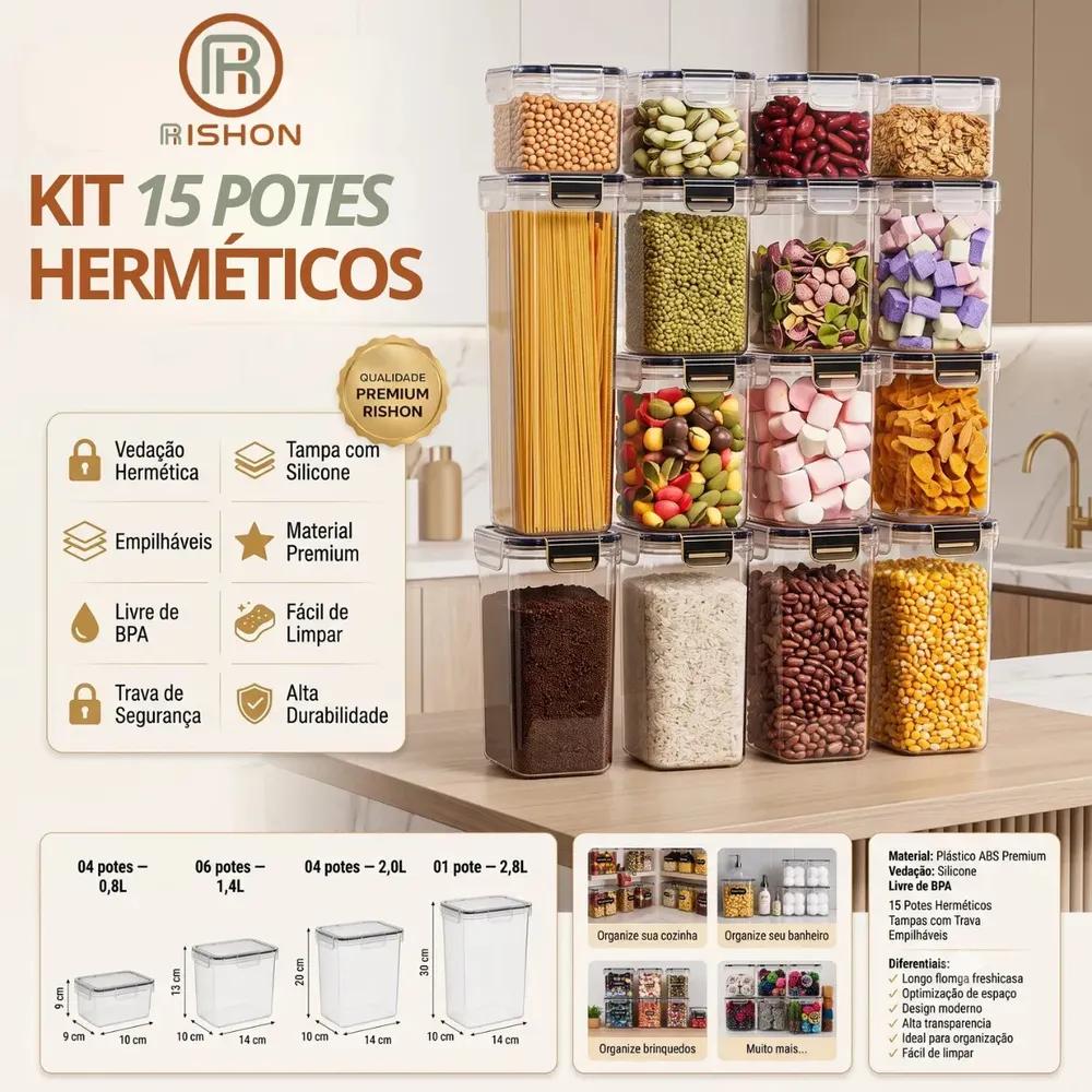 Kit 15 Potes Hermético Cadencia Mantimentos Retangular Cozinha Branco Rishon 22,4 Litros