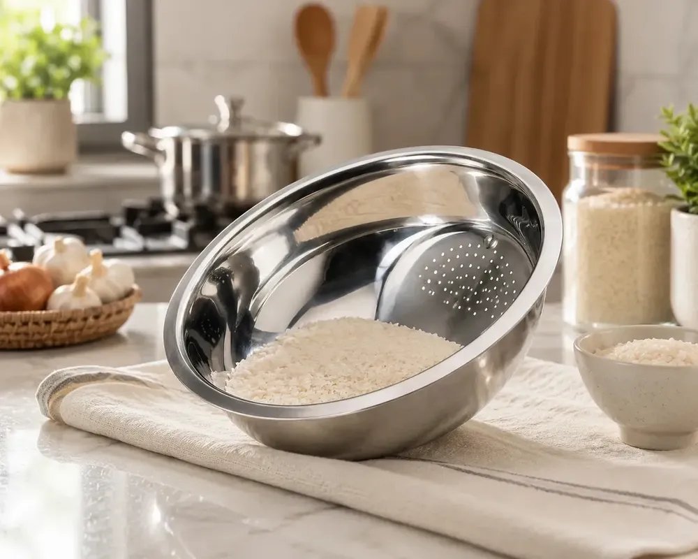 Escorredor Lavador De Arroz Inox 26cm Tigela Escorredora Com Drenagem Para Lavar Arroz Feijão Grãos Legumes Frutas Multiuso Cozinha