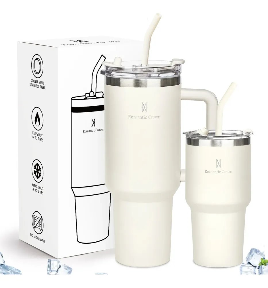 Kit Copo Térmica Inox 1200ml & 600ml Com Tampa E Inox Canudo Branco Cor Pura