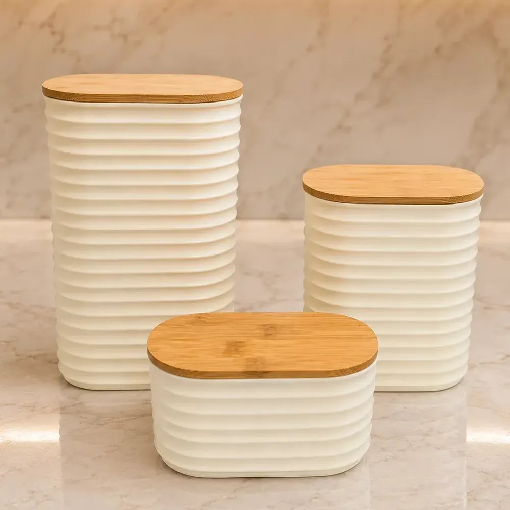 Kit Pote Porta Mantimentos Plástico Tampa De Bambu Cozinha Kit De 3 Off White Pmg