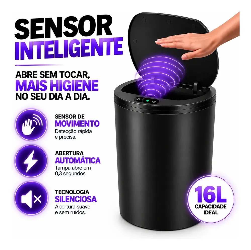 Lixeira Inteligente Automática Redonda Recarregável USB‐C Sensor para Cozinha Banheiro Escritório