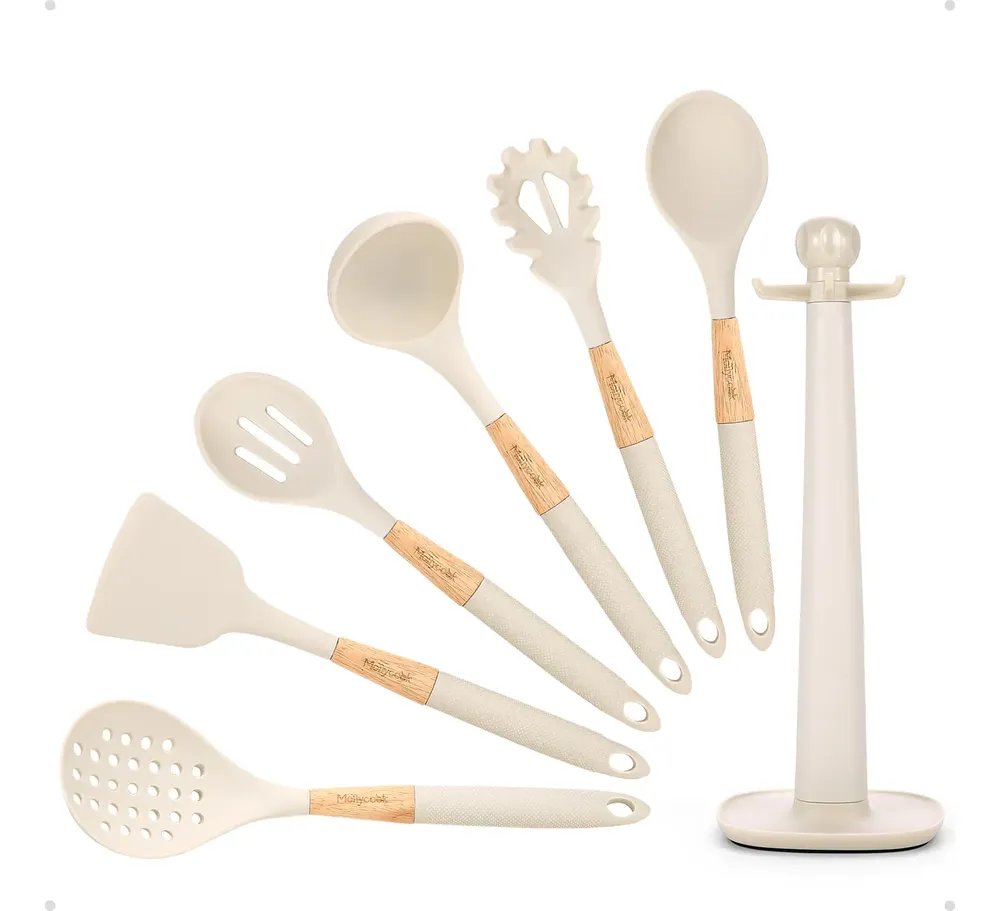 Kit 7 Utensílios Cozinha Silicone Com Suporte Giratório Branco