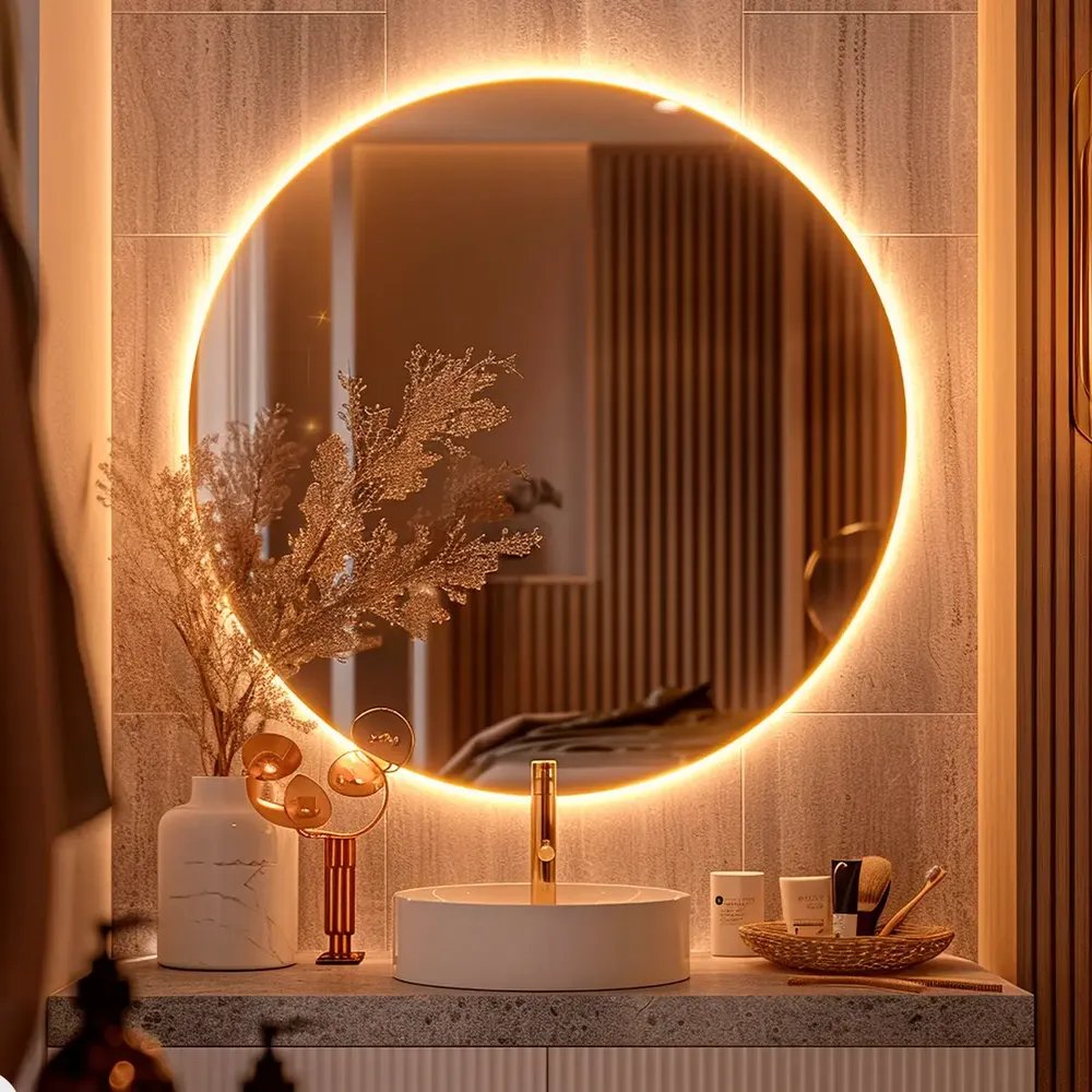 Espelho Redondo Grande de 50cm com Led Frio - Espelho com Luz Ideal para Quarto, Banheiro e Sala, Espelho com Led e Moldura Lapidada para Decoração de Parede