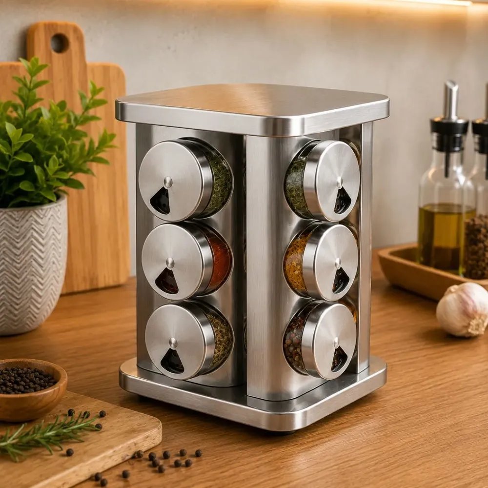 Porta Tempero Condimentos Giratório 360 12 Potes Vidro Inox Inox - Quadrado
