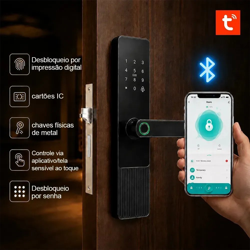 Fechadura Eletrônica Digital Com Biometria,Tuya App Bluetooth, Senha, Cartão IC,Chave Touch Anti-espião Inteligente Preta Para Porta (casa/apartamento/hotel)