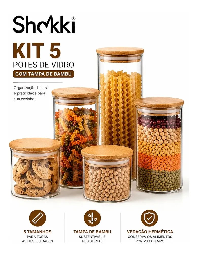 Kit 5 Potes De Vidro Herméticos Com Tampa De Bambu Organizador Para Mantimentos Grãos Café Massas E Cereais Shokki