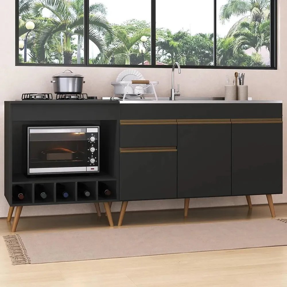 Kit Balcão de Cozinha para Pia e Balcão para Cooktop/Forno 190cm Veneza Multimóveis MP2384 Preto/Dourado