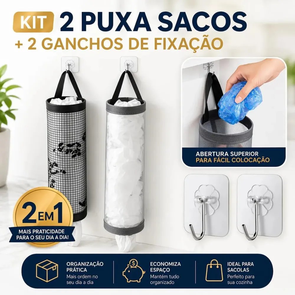 Kit 2 Puxa Saco Porta Sacolas + 2 Ganchos Brinde Boa Dica