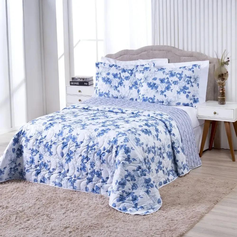 Cobre Leito Queen Dupla Face 200 Fios Estampado Colori 3 Pçs Cor Flores Azuis