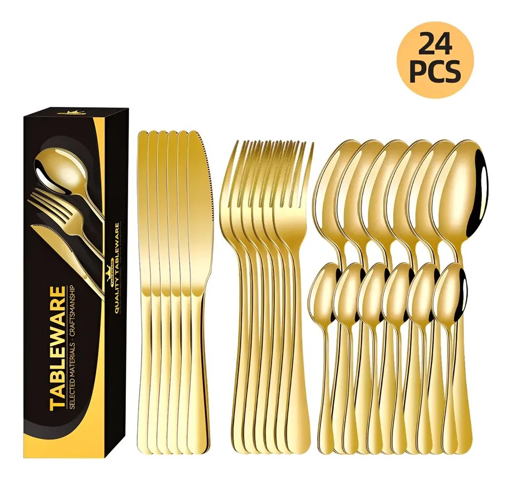 Kit 24 Talheres Luxo Premium Faqueiro Dourado Aço Inoxidável Dourado