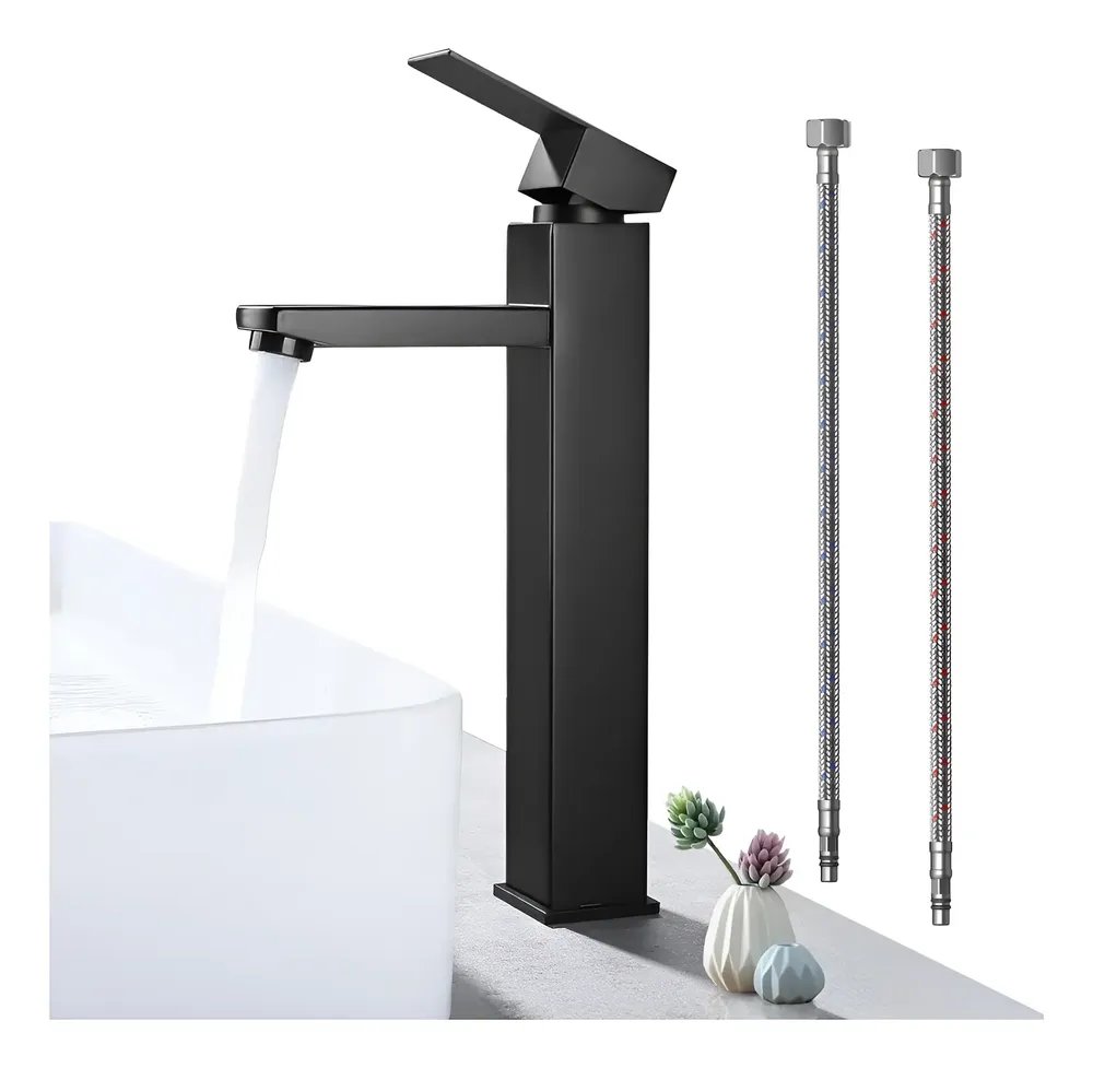 Torneira Banheiro Monocomando Cascata Bica Alta Aço Inox 304 Preto Fosco
