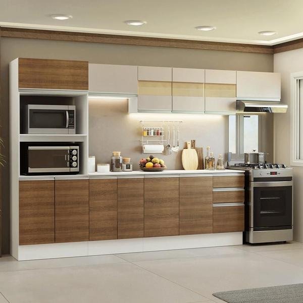 Armário de Cozinha Completa 100% MDF 310 cm Branco/Rustic/Crema Smart 02