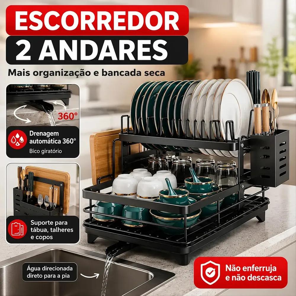 Escorredor De Louça Inoxidável 2 Andares Drenagem Automática Bandeja Grande 360o Organizador Pia Com Porta Talheres Tigelas Pratos