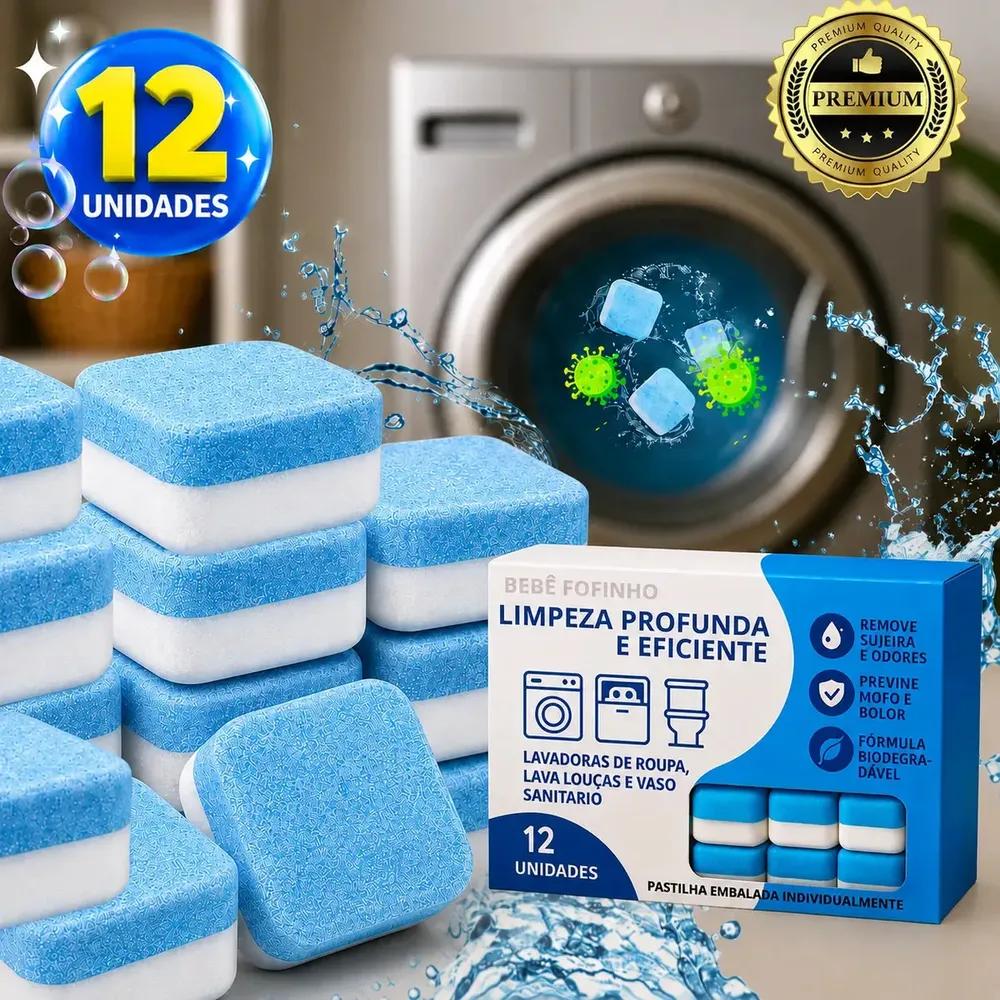 12 Tabletes Pastilhas Higienizar Limpar Máquina Lavar Roupa Lava Louças Limpeza Tambor Universal Kit Higienização Manutenção Anti Mofo Anti Odor Efervescente