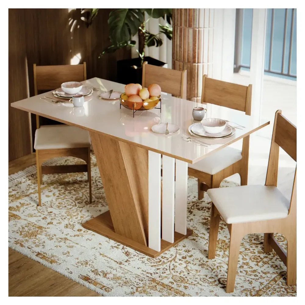 Mesa De Jantar Com 4 Cadeiras Estofadas Com Tampo Em MDF Semelhante Vidro Para Cozinha Cor Mel Off Emilly
