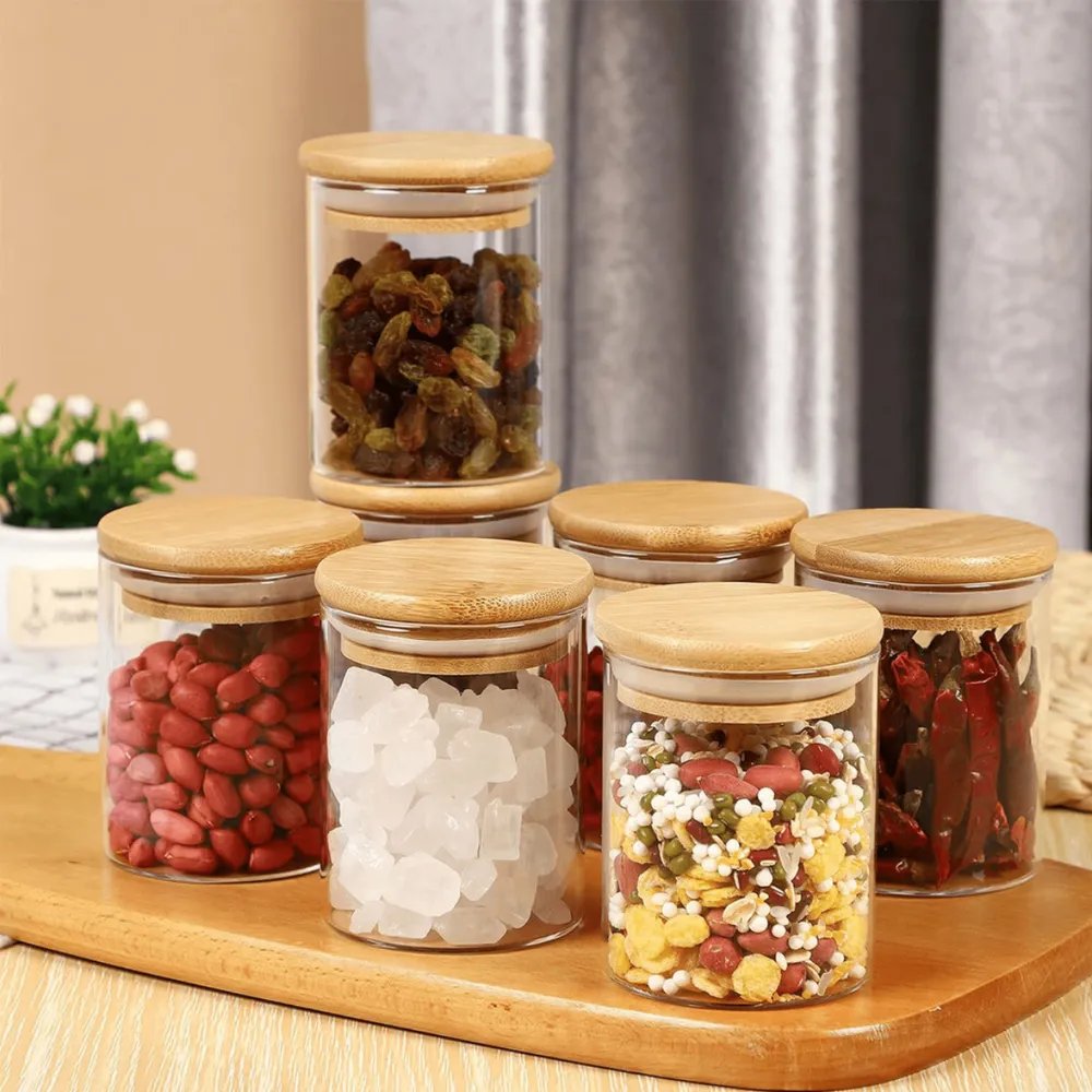 Kit 6 Pote Vidro Porta Temperos Hermético Cozinha Organiza Vidro/tampa De Bambu