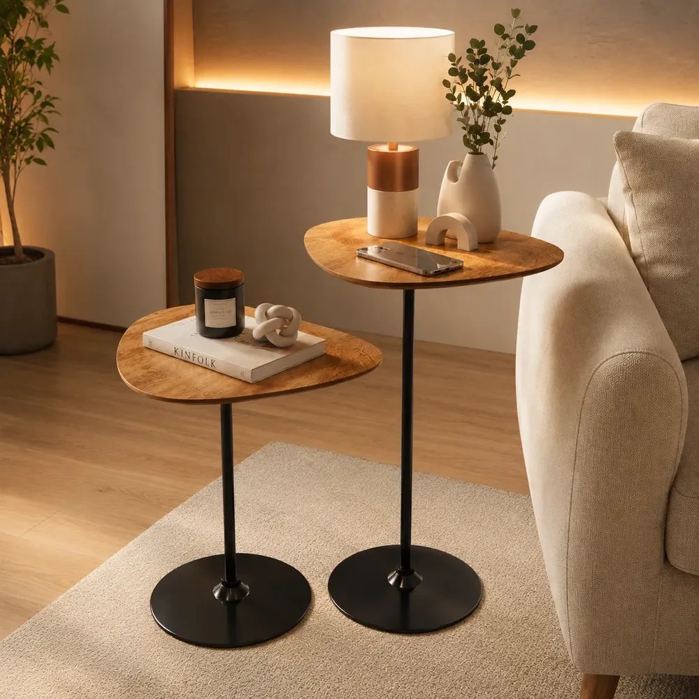 Kit 2 Mesas Orgânica Industrial Lateral Sala Apoio Decoração Marrom