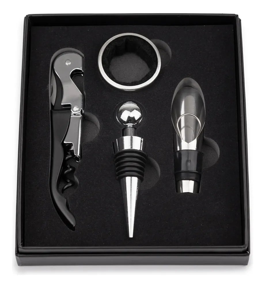 Kit Para Vinho 4 Peças Aço Inox Abridor Manual Saca Rolhas