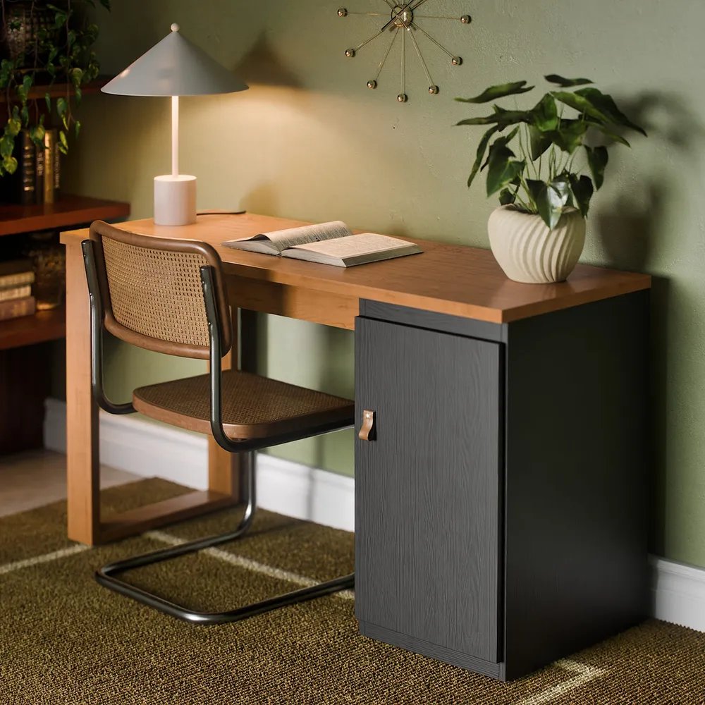 Escrivaninha Mesa Home Office De Escritório Para Notebook Computador PC Com Prateleira E Porta - Star Paris Cor Preto Canela