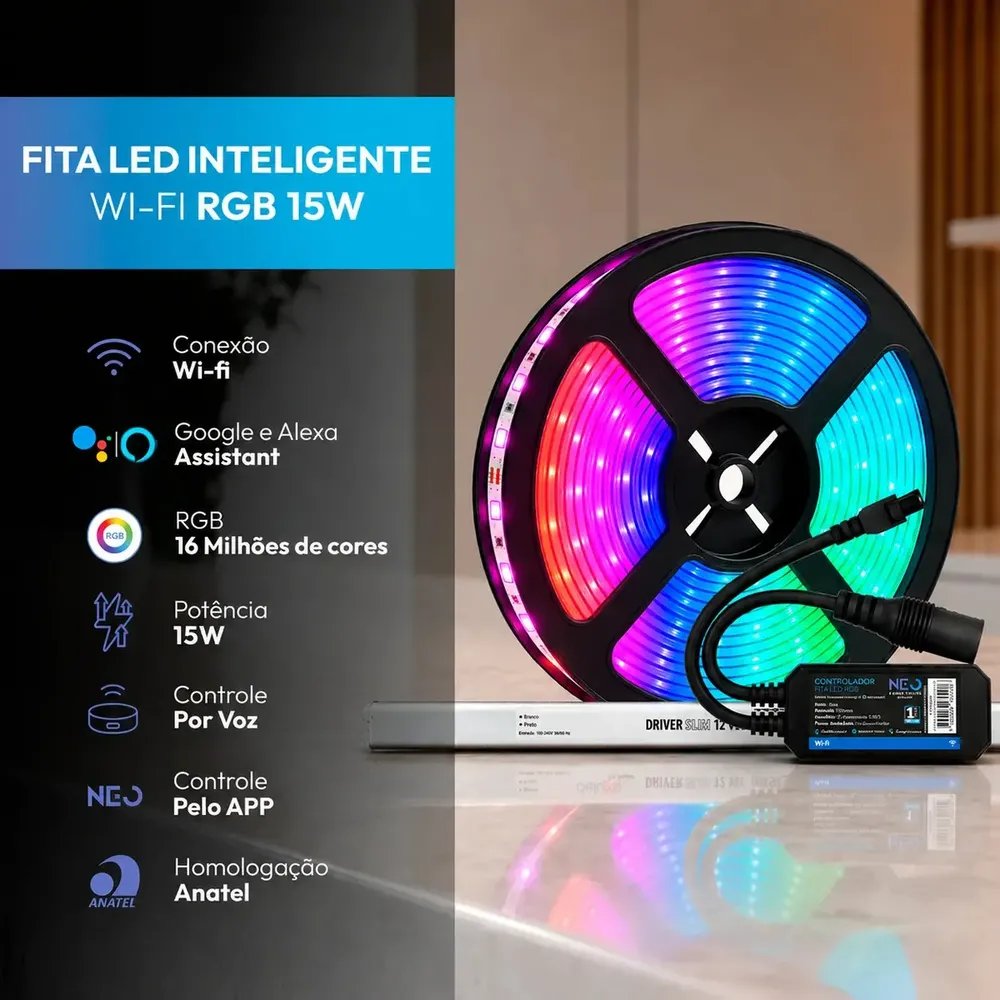 Fita Led Inteligente Wi-fi 2.4 Ghz 15w 5 Metros 2700k/6500k Rgb Colorido 12v + Controlador Inteligente + Driver Cod: Neo001757-k001 Neo Avant 127/220v