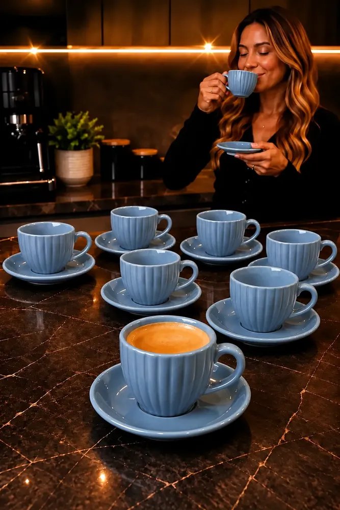 Jogo 12 Pçs Xícaras C/ Pires 90ml Em Porcelana Ceramica Café Azul