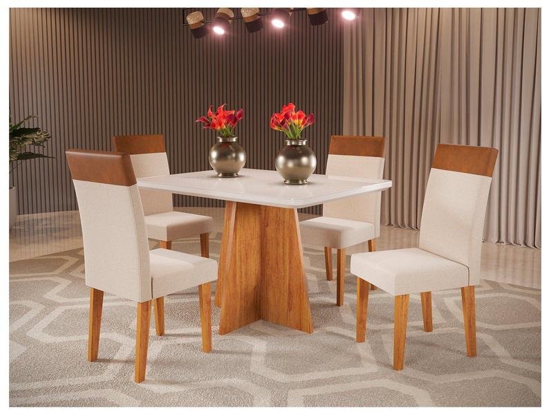Mesa de Jantar 4 Cadeiras Retangular Tampo de MDF com Vidro Mel e Off White Viena