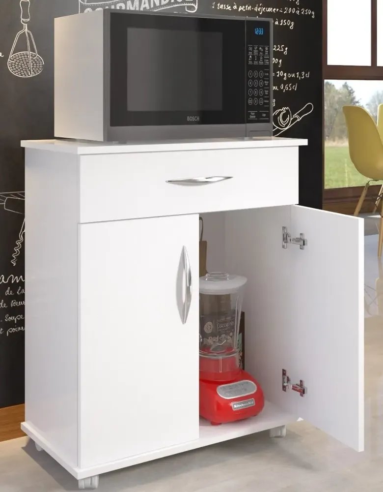 Balcão Cozinha 2 Portas 1 Gaveta Multiuso C/ Rodinhas Branco