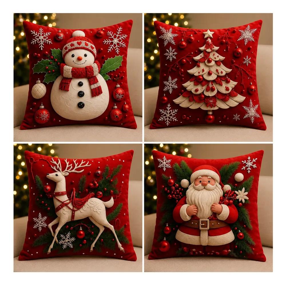 Kit 4 Capas De Almofadas Decorativas 45x45 - Estampadas Natal Vermelha