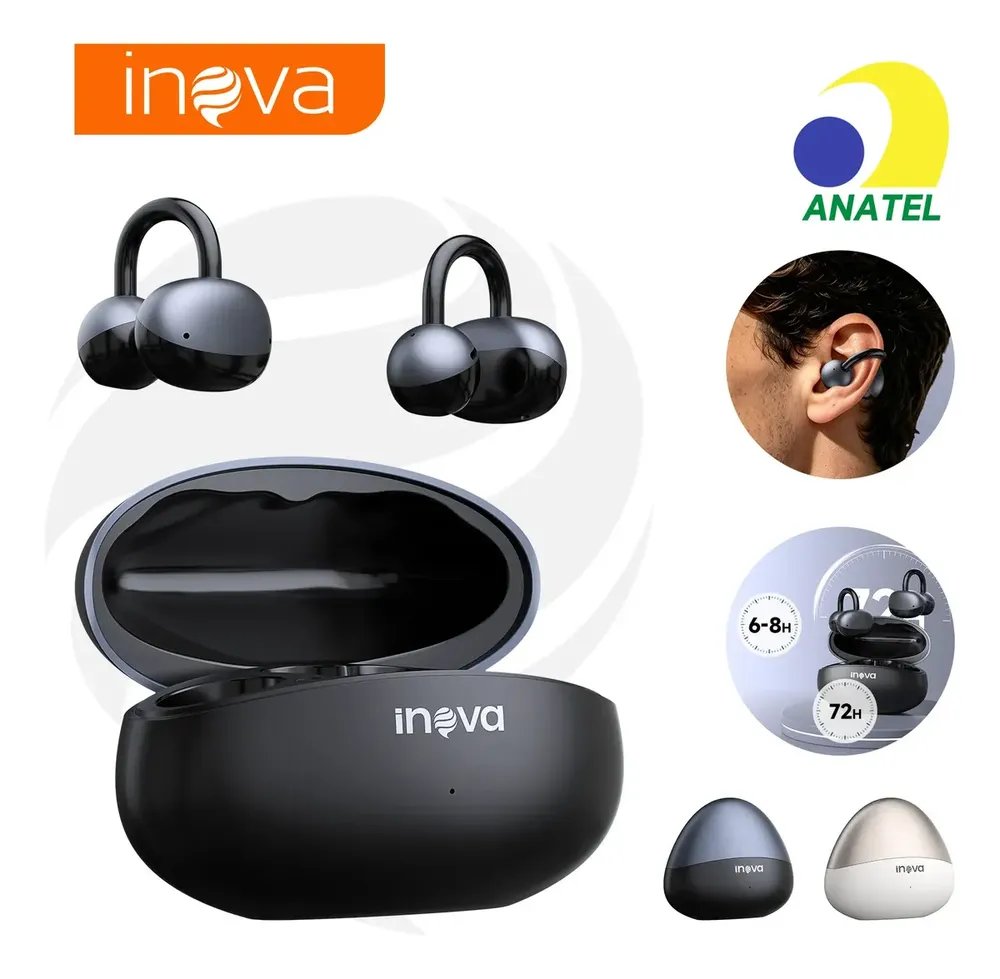 Fone de Ouvido Inova FON-13025E Tipo Clip Orelha Preto, Bluetooth, IPX6, para Esporte
