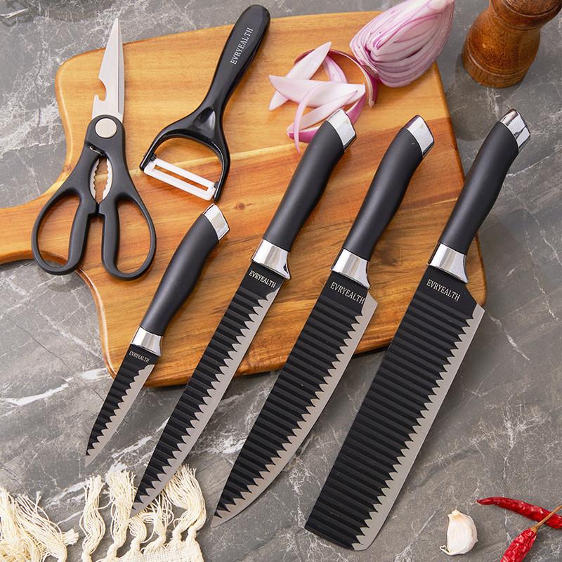 Kit facas de cozinha/Churrasco Profissional Antiaderente 6 Peças Preto/colorido