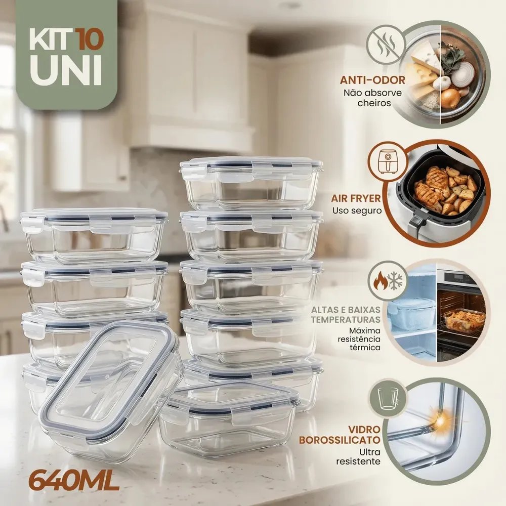 Kit 10 Potes Vidro Hermetico Vai Ao Forno Microondas 640ml Marmita Hermético Freezer Fitness Rishon